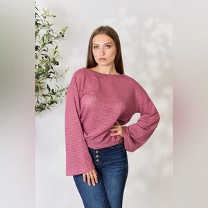 Culture Code Waffle-Knit Round Neck Long Sleeve Blouse